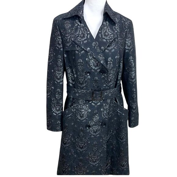 NWT W By Worth Small Navy & Silver Brocade Belted Long Trench Coat Jacket - Picture 10 of 10